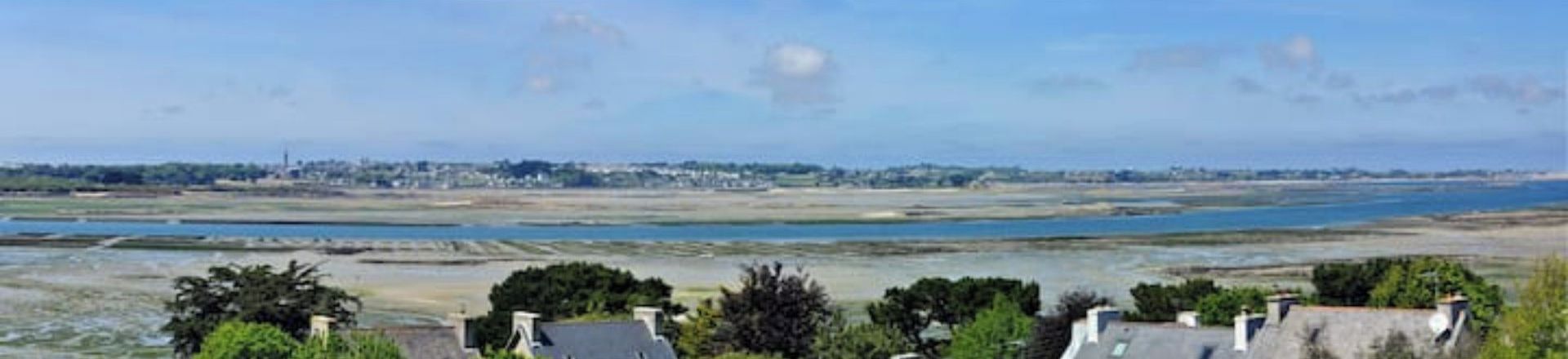 A coastal landscape with houses and a view of the sea.