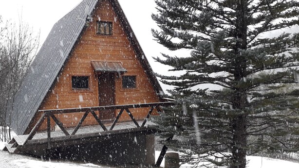 A wooden cabin with a steep roof, surrounded by snow-covered ground and trees. - CHALETS MONTAGNARD (Jausiers)
