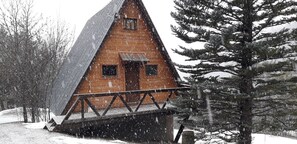 A wooden cabin with a steep roof, surrounded by snow-covered ground and trees. - CHALETS MONTAGNARD (Jausiers)