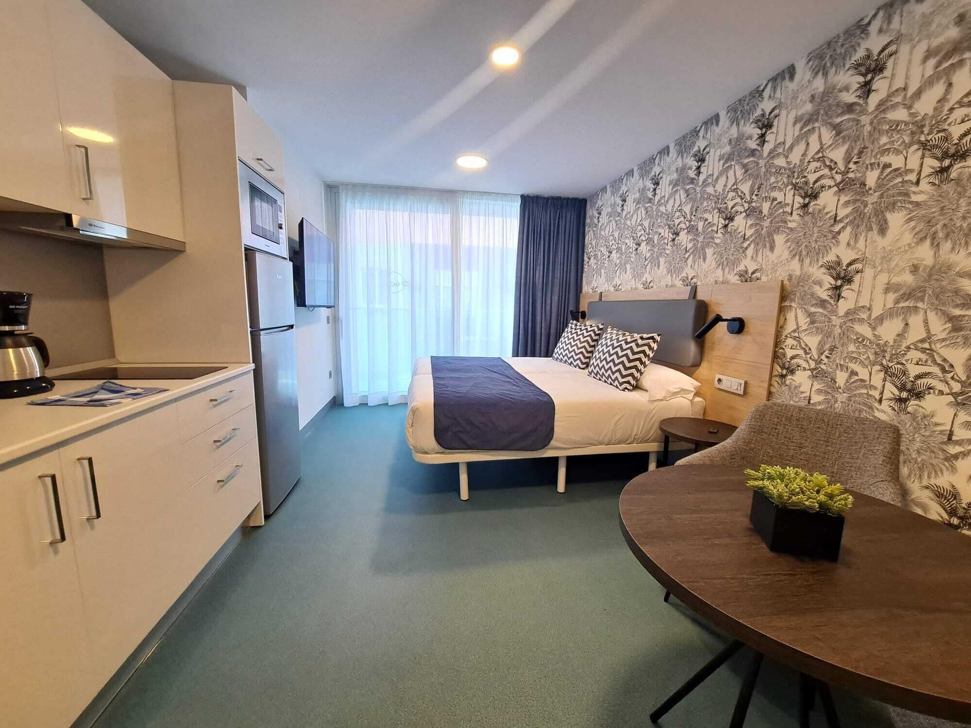 Habitación de hotel pequeña con cama, una mesita con una planta, kitchenette y baño.