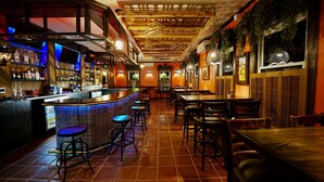 Una zona de bar con mostrador, taburetes y mesas. Hay plantas colgantes e iluminación decorativa.