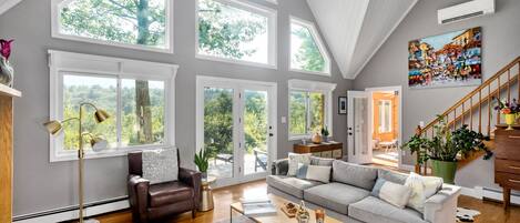 Smart TV, fireplace, books, stereo