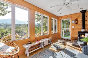 Smart TV, fireplace, books, stereo