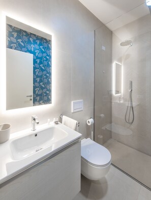 Shower, hair dryer, bidet, towels