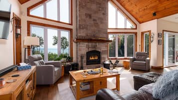 Smart TV, chimenea y libros