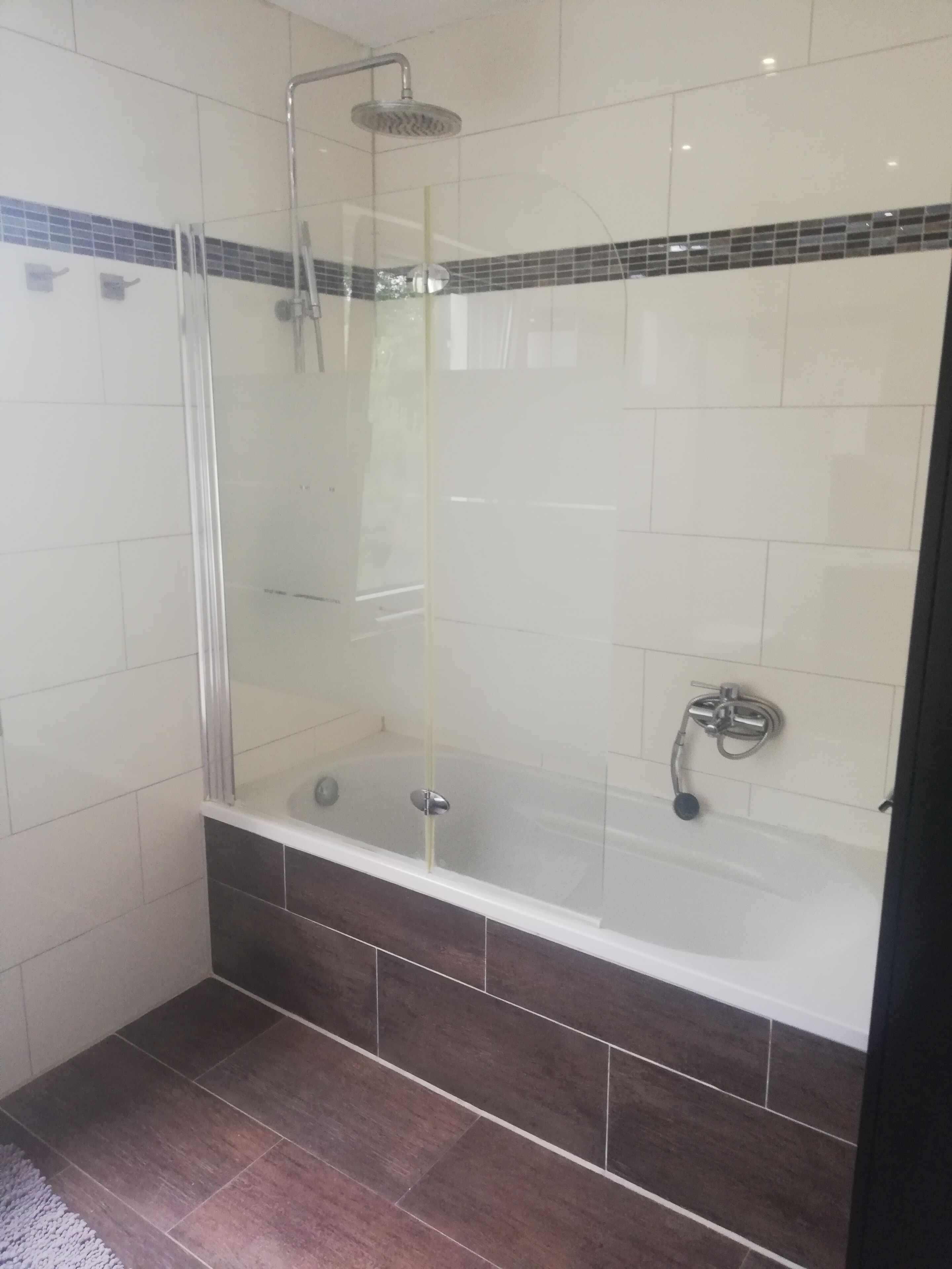 Combined shower/tub, towels, soap, toilet paper