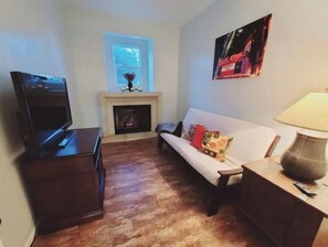 Smart TV, fireplace, DVD player, books