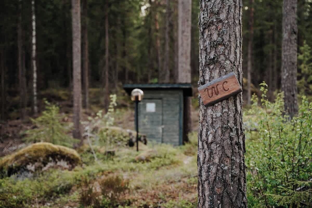 A wooden sign with "WFC" carved into a tree trunk, a small shed, and a forested background.