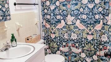Hair dryer, towels, soap, toilet paper
