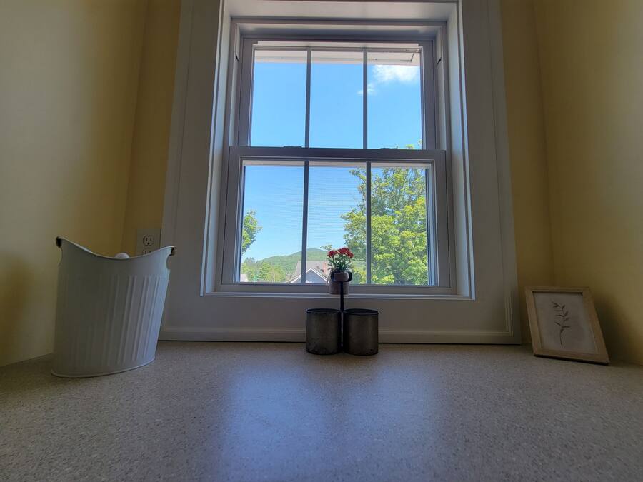A room with a large window, a white radiator, a small plant, and a framed picture on the floor.