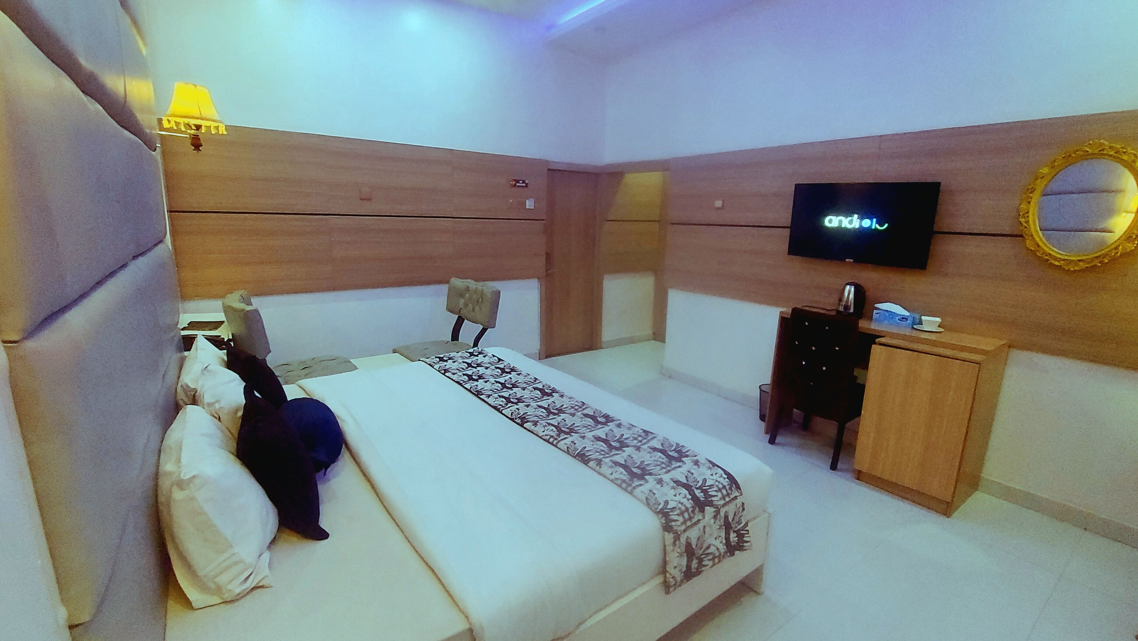 A hotel room with a bed, a television, a mirror, a desk, and a lamp.