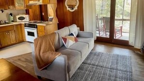Un salon chaleureux avec un canapé gris, des meubles en bois, un four à micro-ondes et une grande fenêtre avec des rideaux.