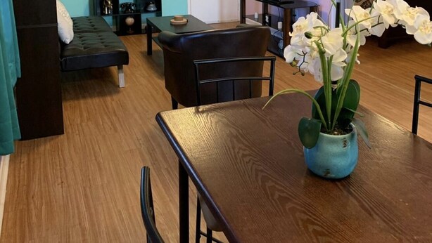 A living room with a sofa, a TV, a dining table, and a vase of flowers.