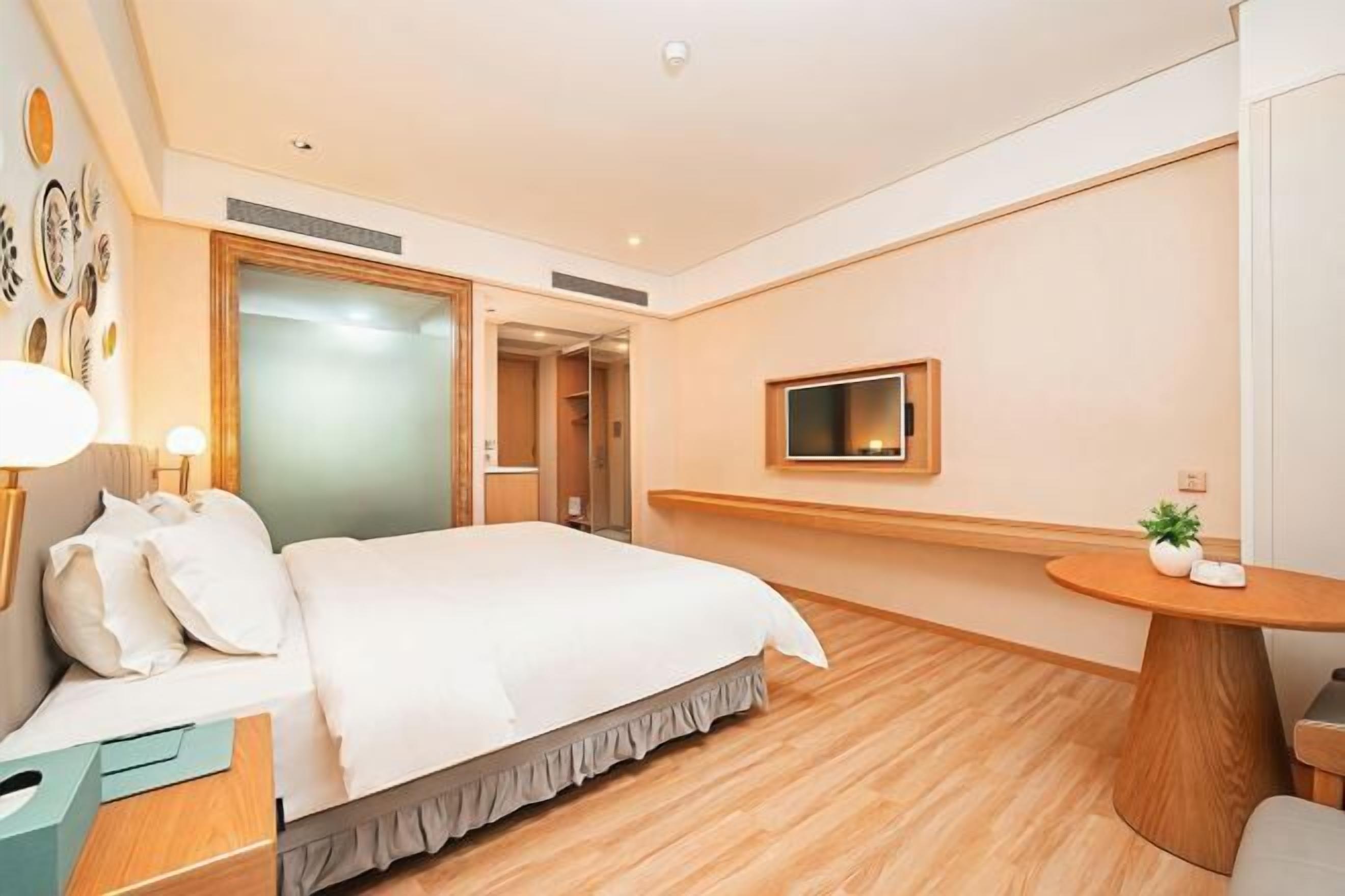 A hotel room with a bed, bedside table, TV, and a small round table with a plant.