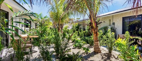 A well-maintained garden with various plants and a palm tree, surrounded by a building with large windows and outdoor seating.
