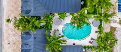 An aerial view of a resort with a swimming pool surrounded by palm trees, multiple roofed structures, and beach access.