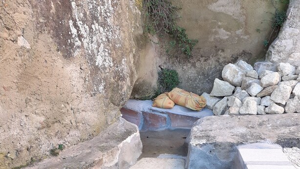 Un pozo de piedra con escalones que bajan al interior, rodeado de un muro de piedra y vegetación.