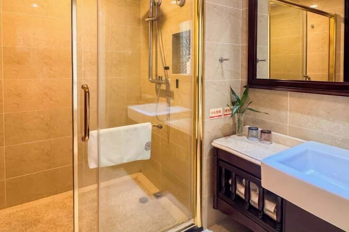 A glass-enclosed shower with a handheld showerhead, a white sink, and a vanity with a mirror.