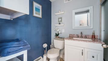 Combined shower/bathtub, hair dryer, towels, soap