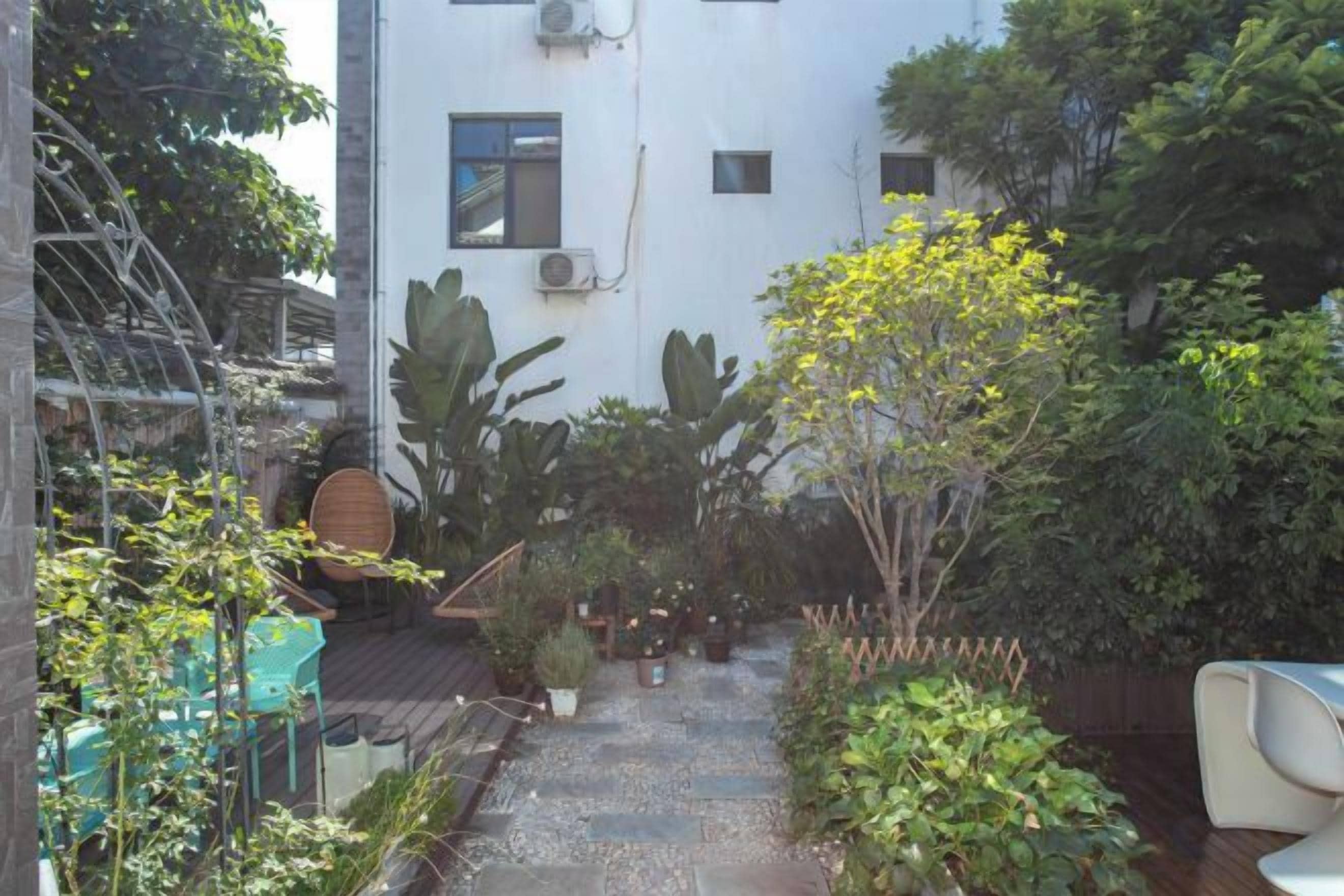 A garden with a variety of plants and a wooden deck.