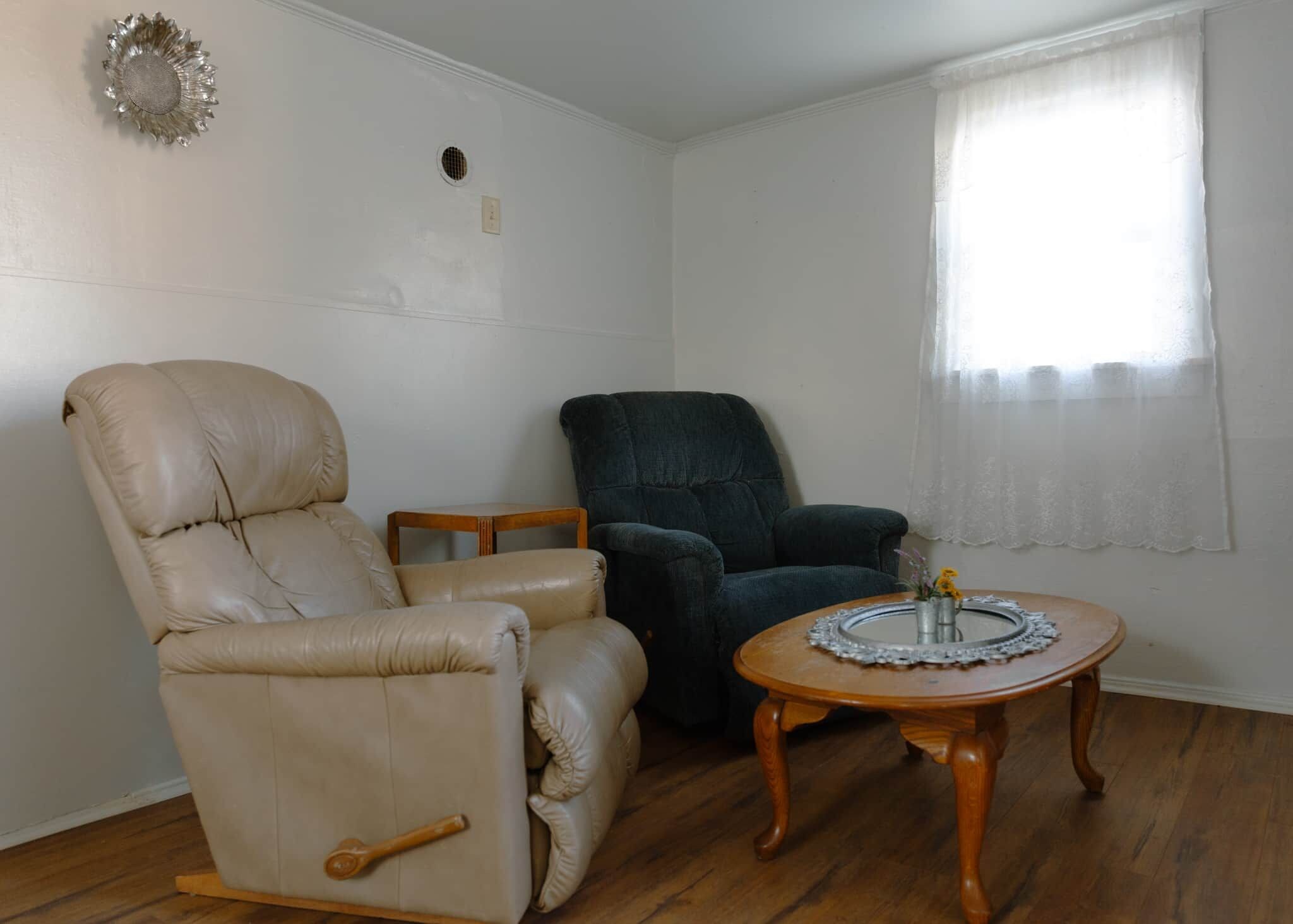 A living room with a beige leather armchair, a dark blue armchair, and a wooden coffee table with a decorative glass top.