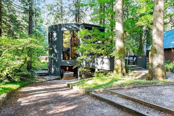 A modern cabin in a forest, surrounded by trees and greenery.