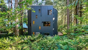 A modern, multi-level cabin surrounded by dense forest.