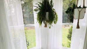Een kamer met een yogamat, een houten tafel met decoratieve objecten, een hangplant en uitzicht op groen door dunne gordijnen.