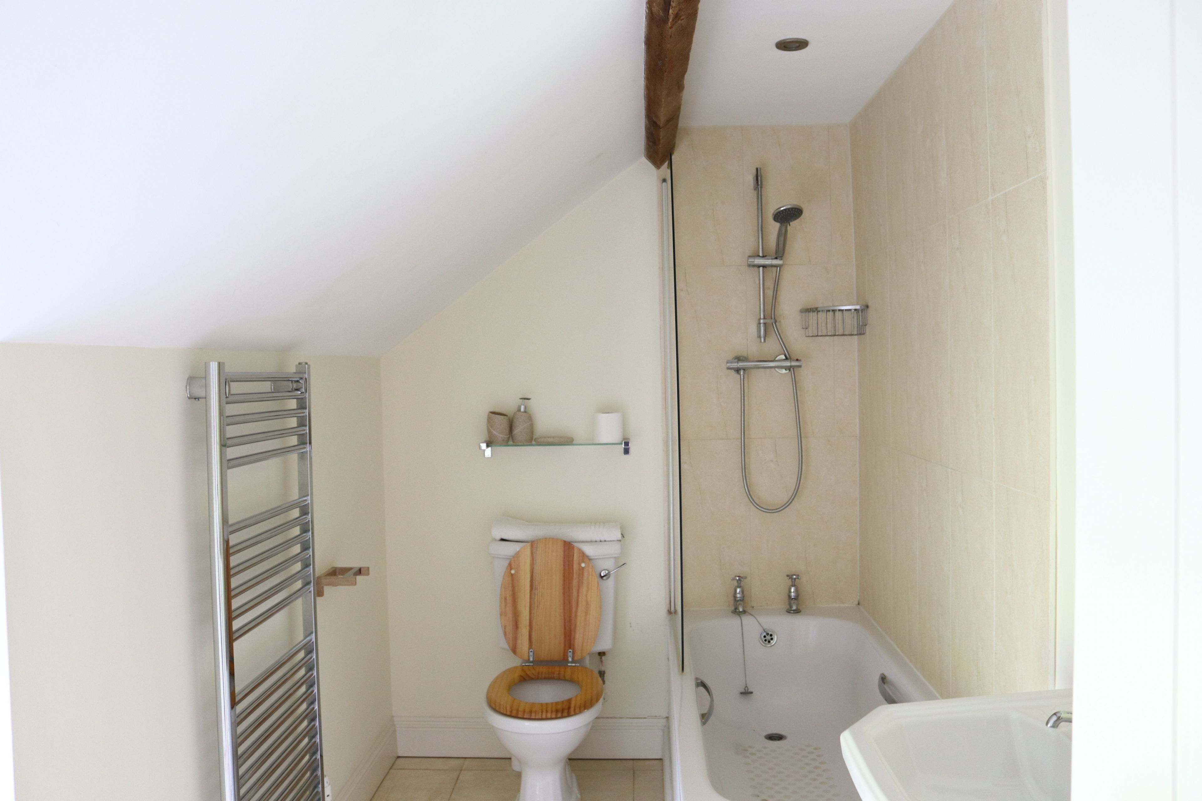 A bathroom with a toilet, shower, and bathtub.