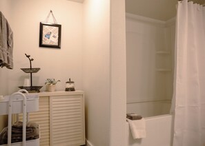 Combined shower/bathtub, soap, toilet paper