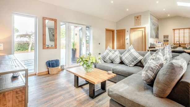 A spacious living area with a grey sofa, wooden coffee table, and a view of the outdoors through glass doors.