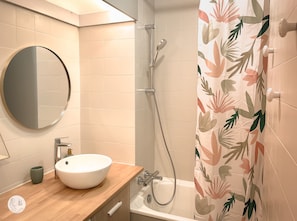 Bathtub, hair dryer, toilet paper