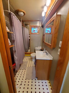 Combined shower/tub, towels, shampoo, toilet paper