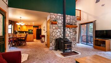 TV, fireplace, DVD player, foosball