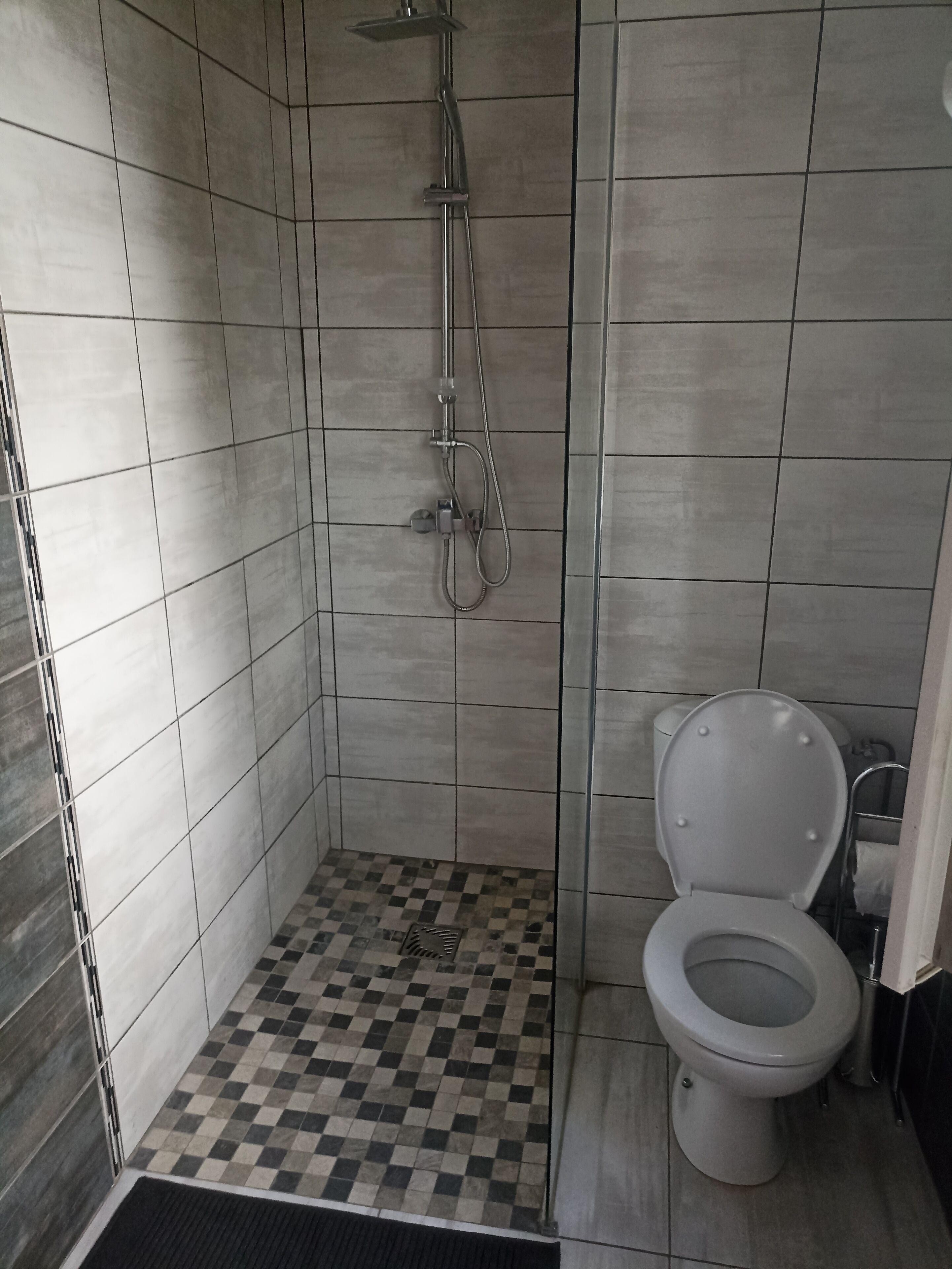 Une salle de bain avec douche, toilettes et carrelage au motif à carreaux.