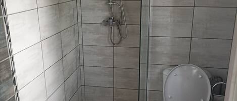 Une salle de bain avec douche, toilettes et carrelage au motif à carreaux.