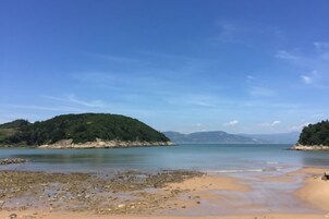 Una playa con agua cristalina, una orilla arenosa y una colina boscosa al fondo.