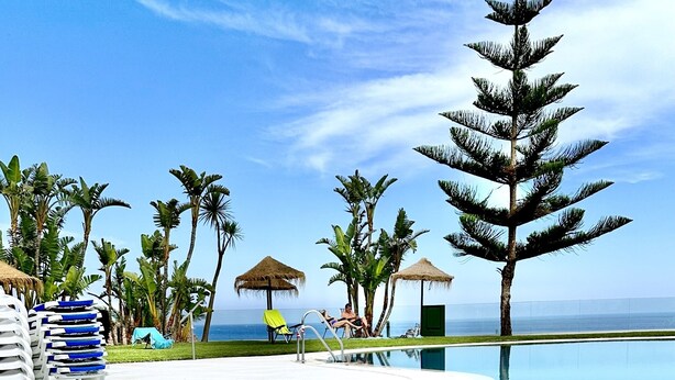 A clear blue pool with a tropical setting, including palm trees and a view of the ocean.