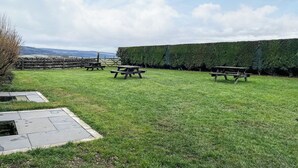 Ein grasbewachsener Außenbereich mit Picknicktischen und einer Steinmauer.