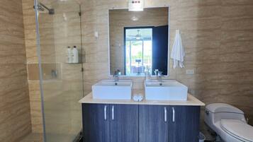 A modern bathroom with two sinks, a glass shower enclosure, and a toilet.