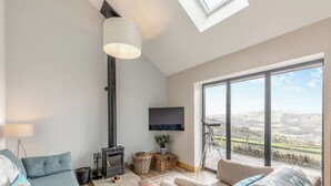 A modern living room with a fireplace, a sofa, a television, and a large window with a view.