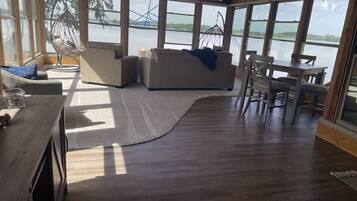 TV connectée, cheminée, lecteur de DVD, livres