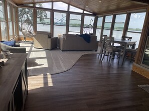 Smart TV, fireplace, DVD player, books