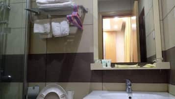 Shower, hair dryer, slippers, shampoo