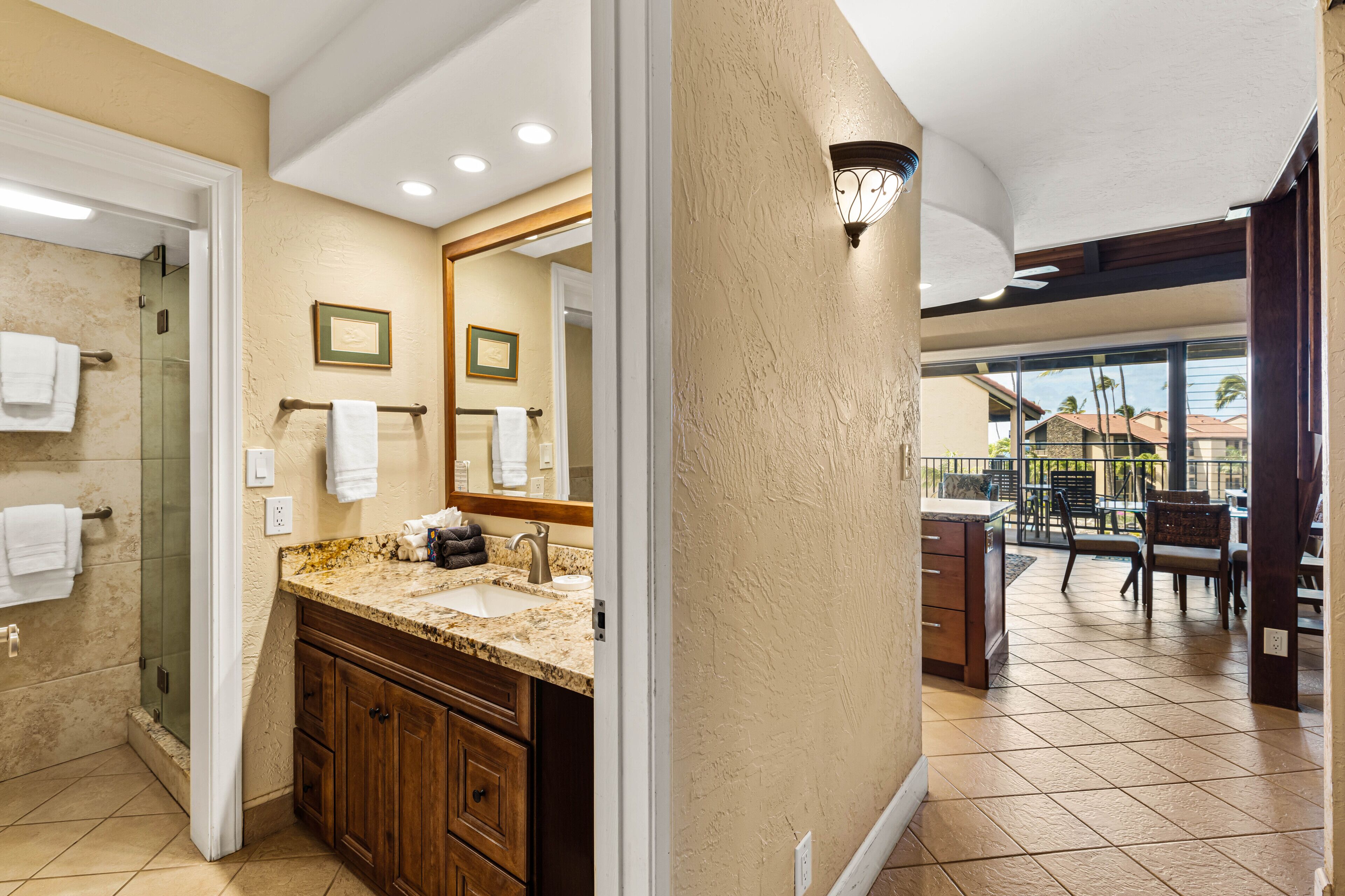 Shower, hair dryer, towels, shampoo