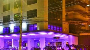 A hotel with a modern design, featuring a covered entrance area with potted plants and a well-lit facade.