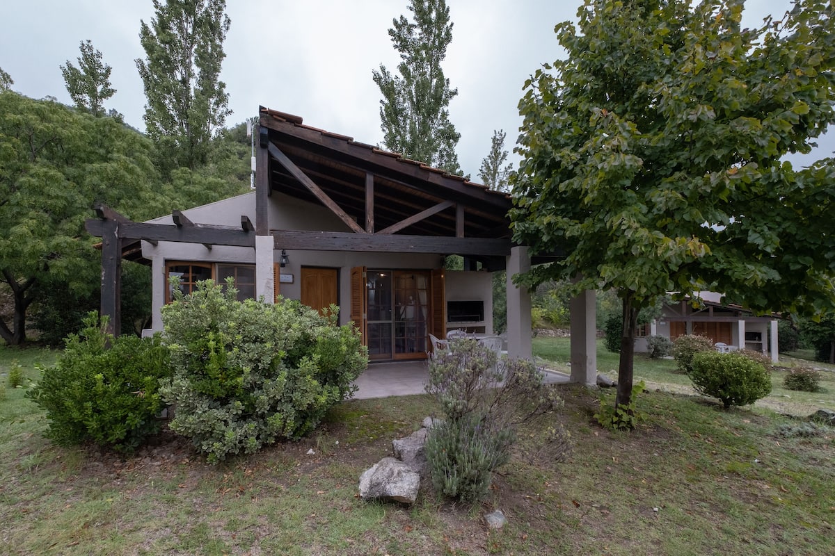 Une maison moderne dotée d’un porche abrité, entourée d’un jardin bien entretenu et d’arbres.