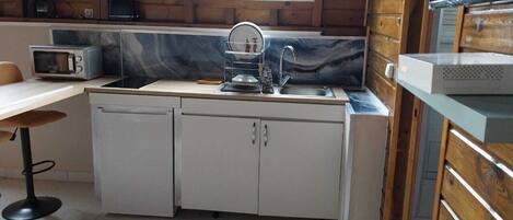 Frigorífico, microondas, placa de cocina y cafetera o tetera