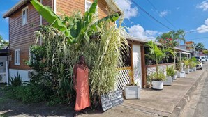 A wooden house with a porch, surrounded by lush tropical plants.
