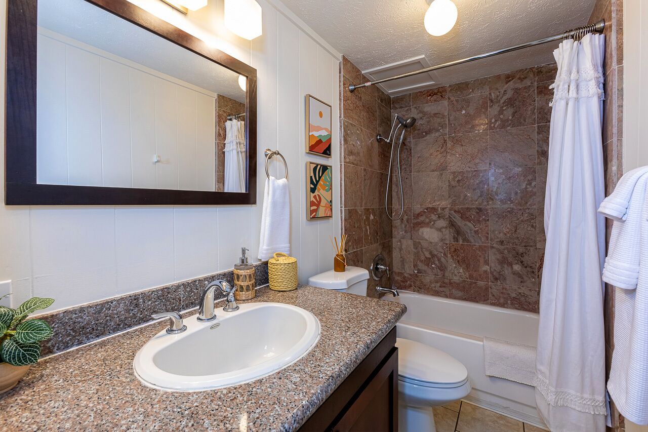 Combined shower/tub, towels, soap, shampoo